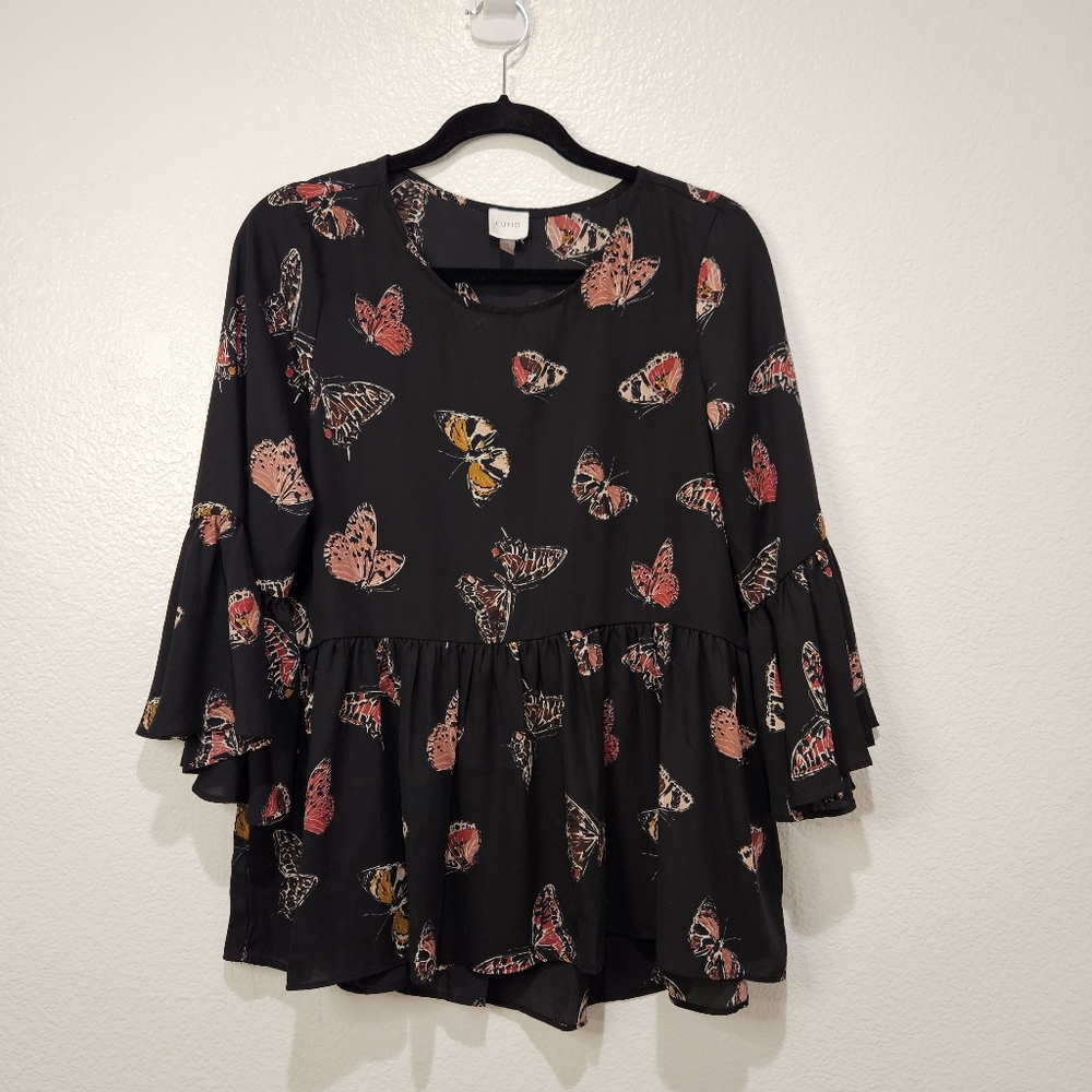 Cupio Butterfly Flutter Ruffle Peplum Top Black and Pinks Size Medium - Picture 1 of 5